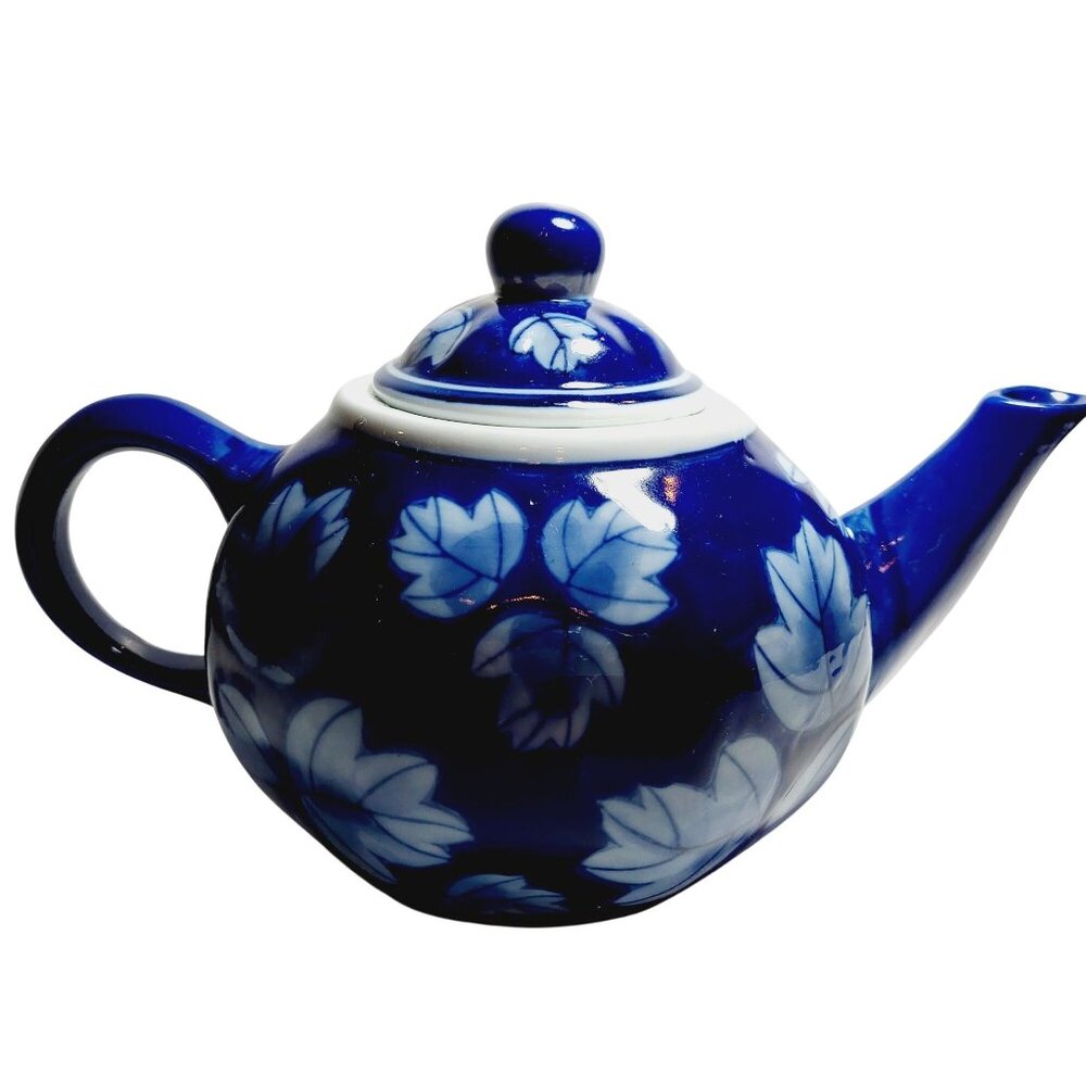Vintage 1980 DesignPac Cobalt Blue & White Ceramic Teapot With Hand-Painted Leaf